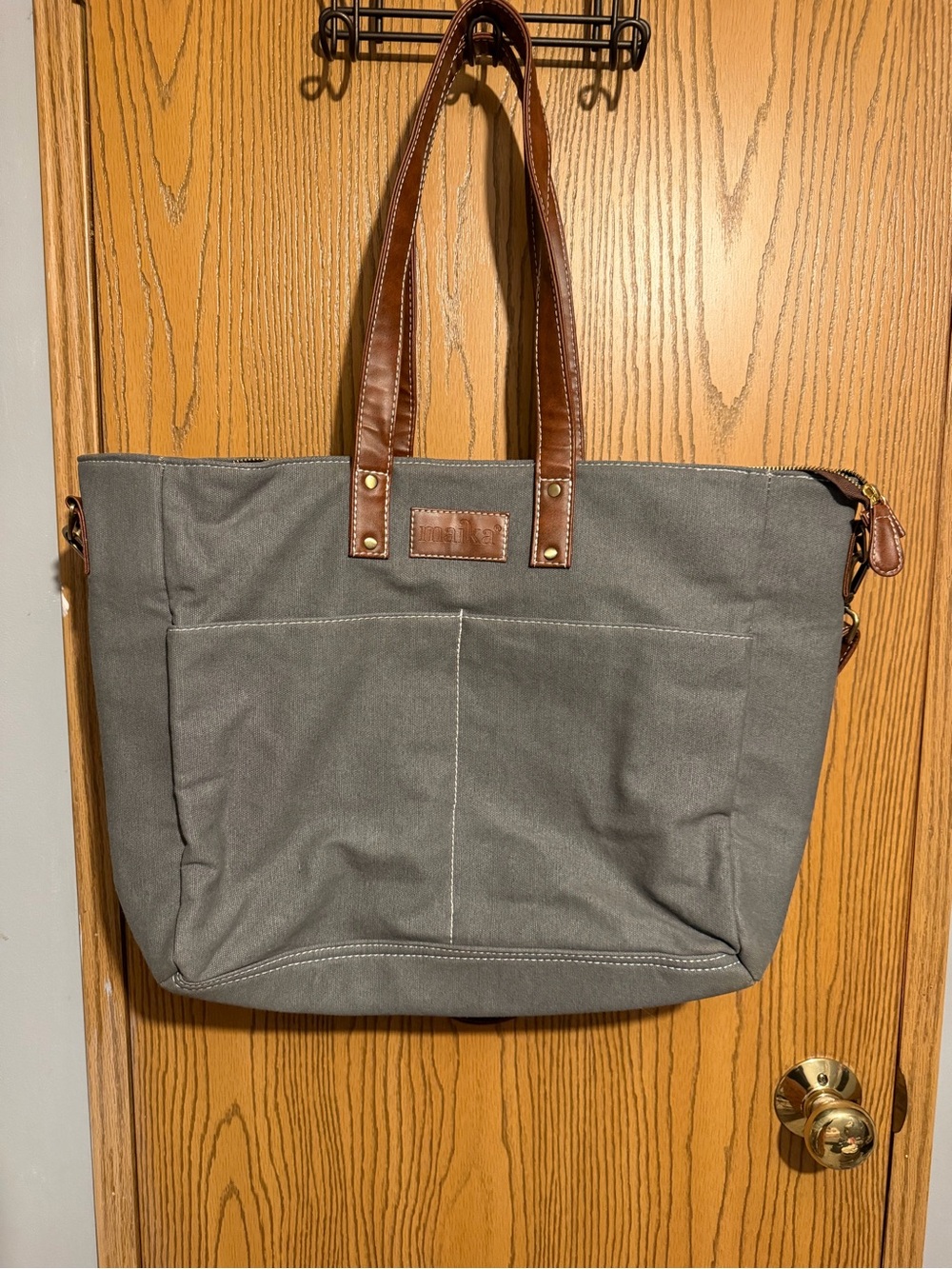 Maika Gray Canvas Laptop Tote with Brown Leather Handles